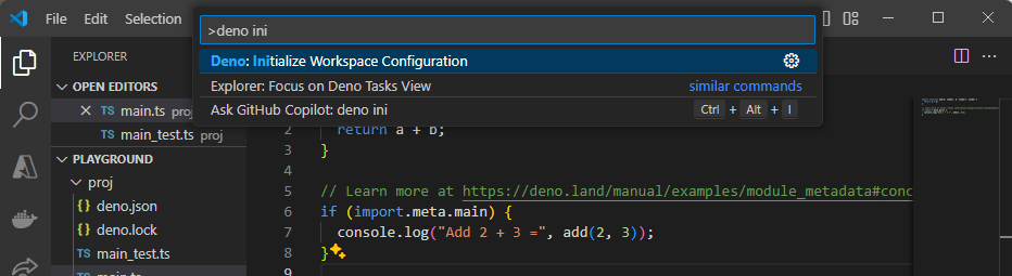 The VSCode command palette with the Deno: Initialize Workspace Configuration option selected.